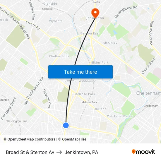 Broad St & Stenton Av to Jenkintown, PA map