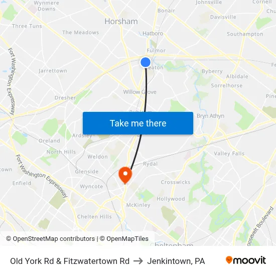 Old York Rd & Fitzwatertown Rd to Jenkintown, PA map