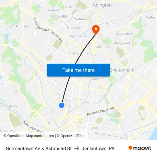 Germantown Av & Ashmead St to Jenkintown, PA map