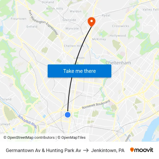 Germantown Av & Hunting Park Av to Jenkintown, PA map