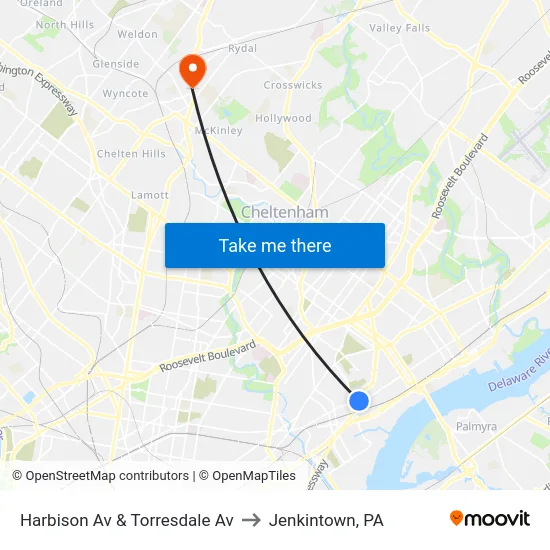 Harbison Av & Torresdale Av to Jenkintown, PA map