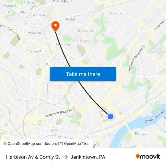 Harbison Av & Comly St to Jenkintown, PA map