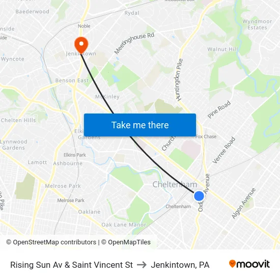 Rising Sun Av & Saint Vincent St to Jenkintown, PA map