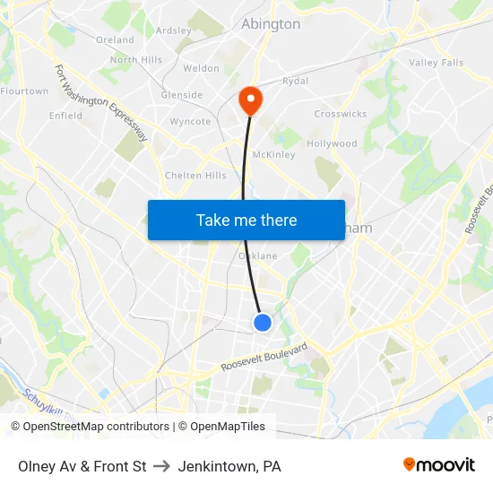 Olney Av & Front St to Jenkintown, PA map