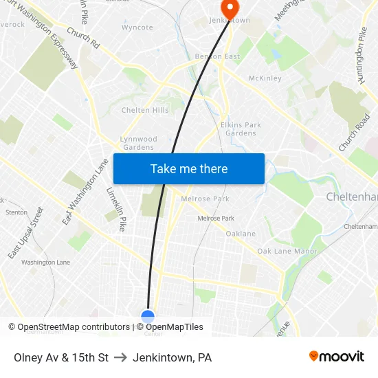 Olney Av & 15th St to Jenkintown, PA map