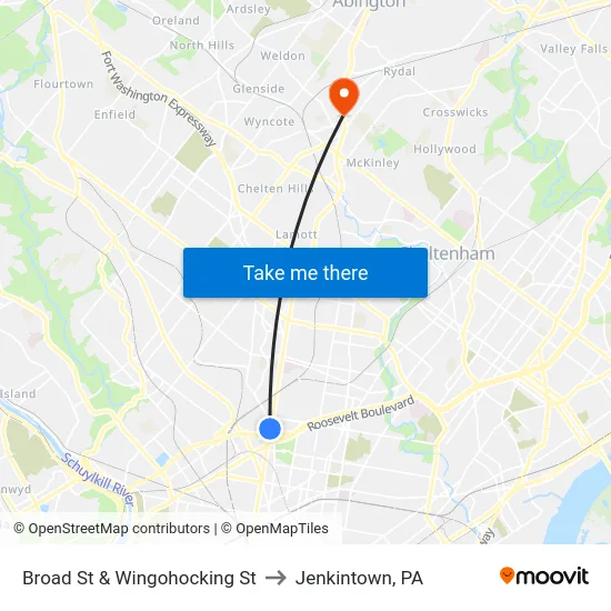 Broad St & Wingohocking St to Jenkintown, PA map