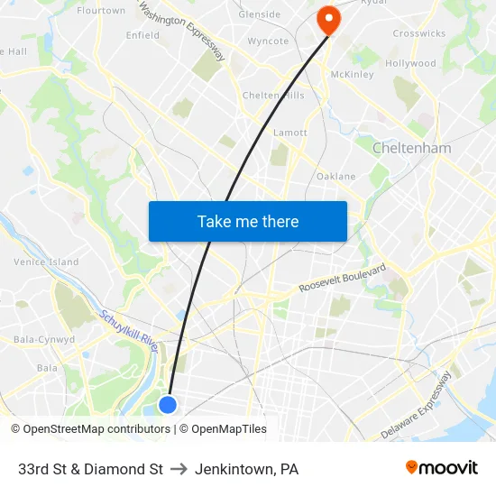 33rd St & Diamond St to Jenkintown, PA map