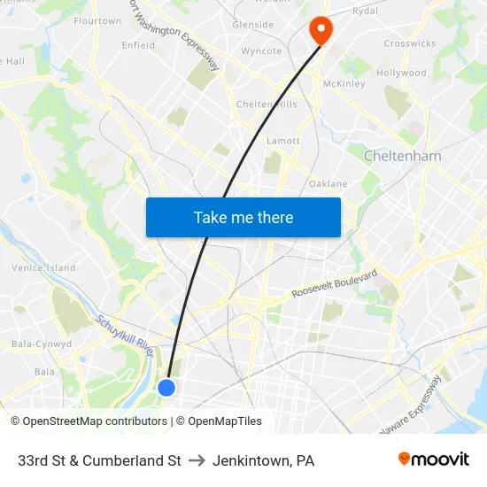 33rd St & Cumberland St to Jenkintown, PA map