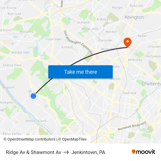 Ridge Av & Shawmont Av to Jenkintown, PA map
