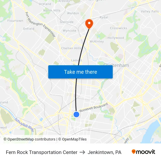 Fern Rock Transportation Center to Jenkintown, PA map