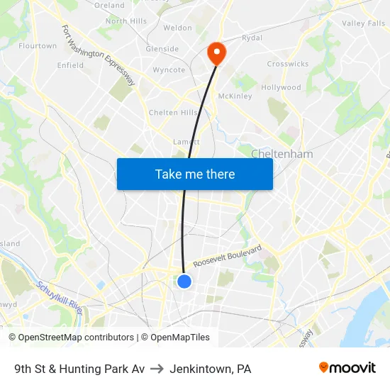 9th St & Hunting Park Av to Jenkintown, PA map