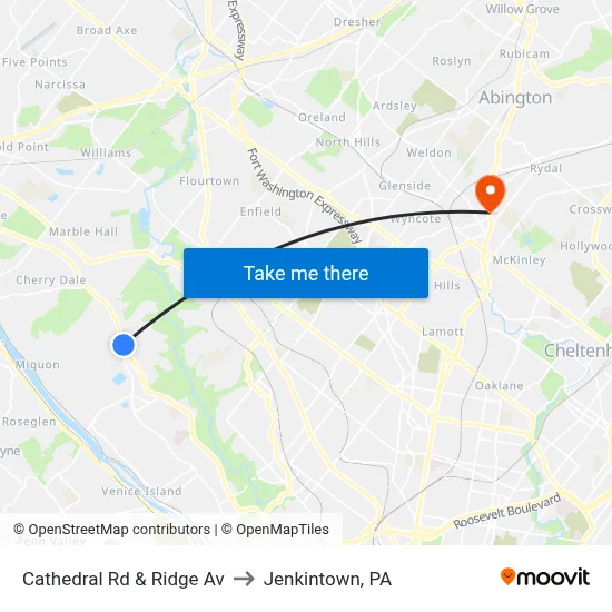 Cathedral Rd & Ridge Av to Jenkintown, PA map