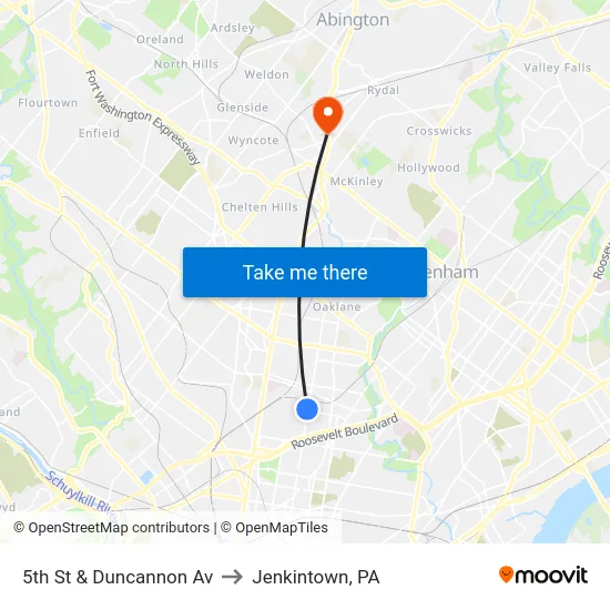 5th St & Duncannon Av to Jenkintown, PA map