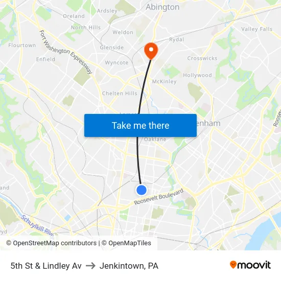 5th St & Lindley Av to Jenkintown, PA map