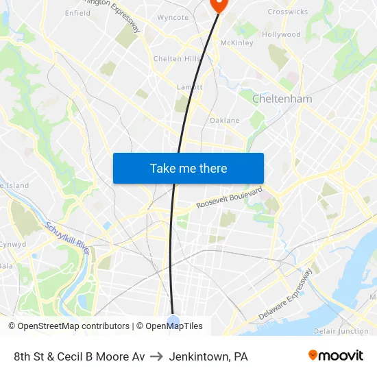8th St & Cecil B Moore Av to Jenkintown, PA map