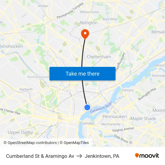 Cumberland St & Aramingo Av to Jenkintown, PA map