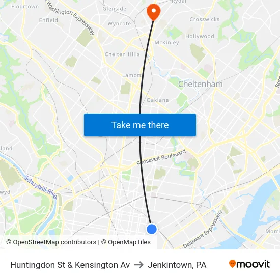 Huntingdon St & Kensington Av to Jenkintown, PA map