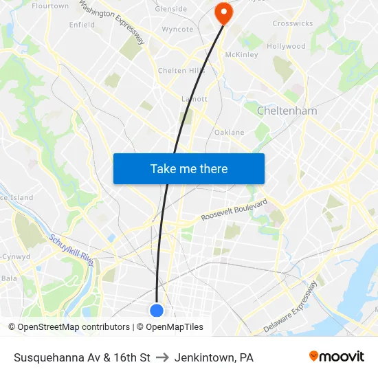 Susquehanna Av & 16th St to Jenkintown, PA map