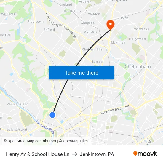 Henry Av & School House Ln to Jenkintown, PA map
