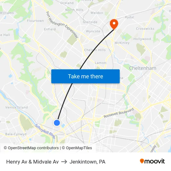 Henry Av & Midvale Av to Jenkintown, PA map
