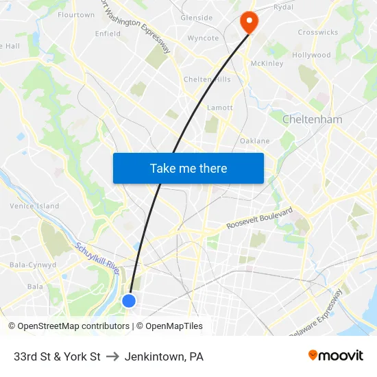 33rd St & York St to Jenkintown, PA map