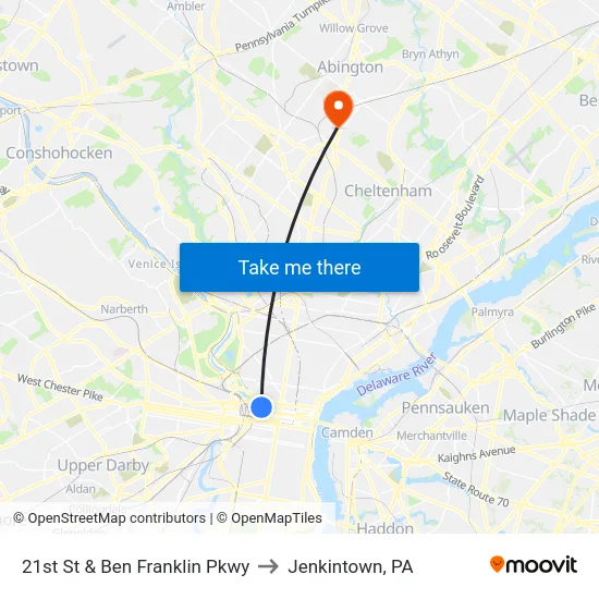 21st St & Ben Franklin Pkwy to Jenkintown, PA map