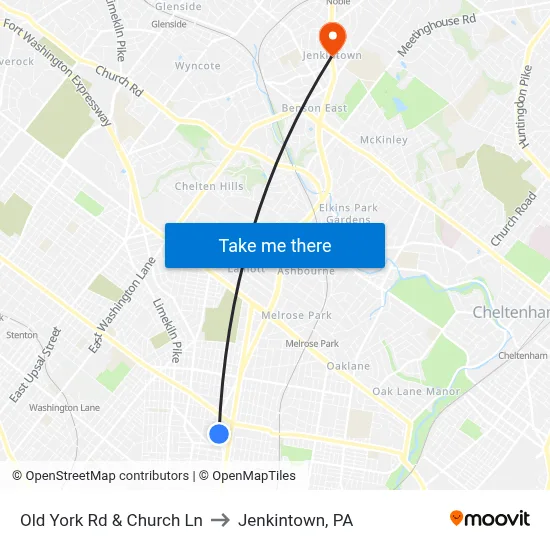 Old York Rd & Church Ln to Jenkintown, PA map