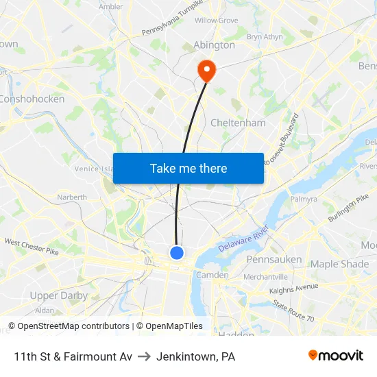 11th St & Fairmount Av to Jenkintown, PA map