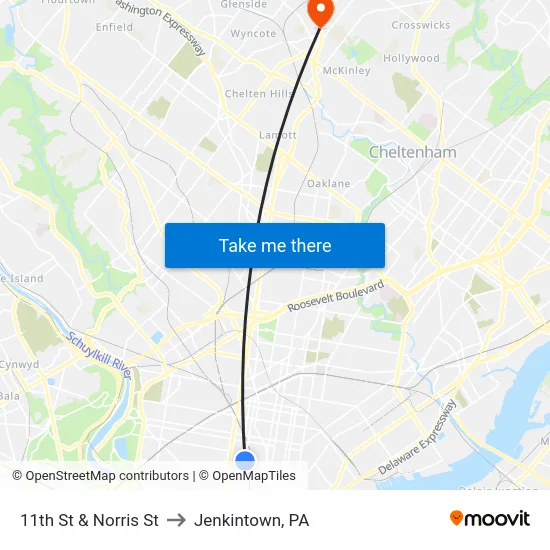 11th St & Norris St to Jenkintown, PA map