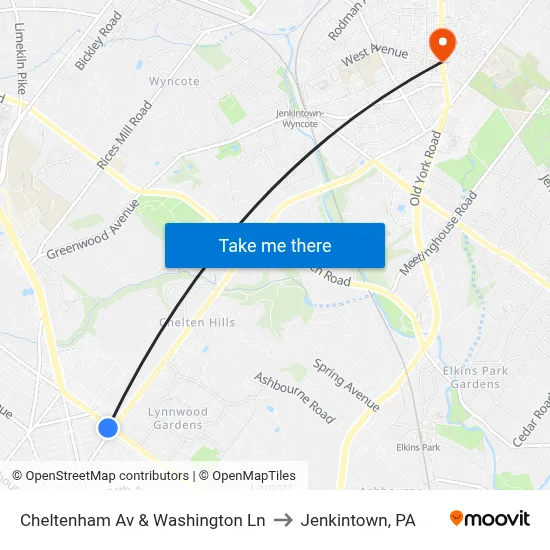 Cheltenham Av & Washington Ln to Jenkintown, PA map
