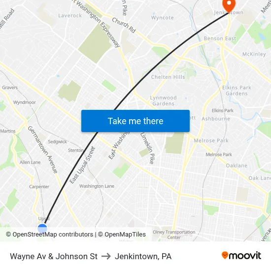 Wayne Av & Johnson St to Jenkintown, PA map