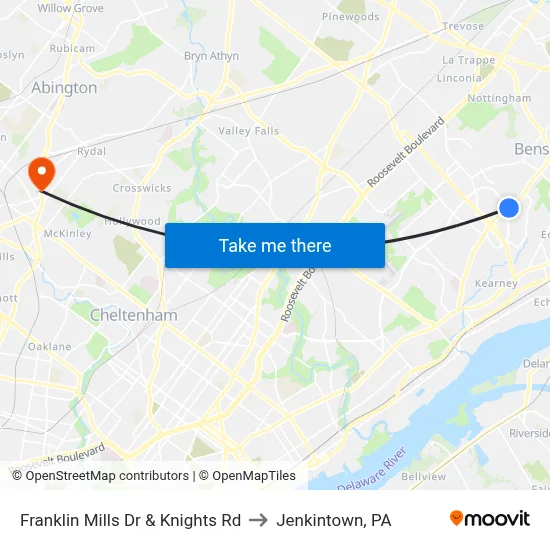 Franklin Mills Dr & Knights Rd to Jenkintown, PA map