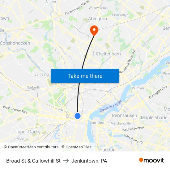 Broad St & Callowhill St to Jenkintown, PA map