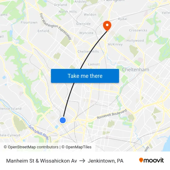 Manheim St & Wissahickon Av to Jenkintown, PA map