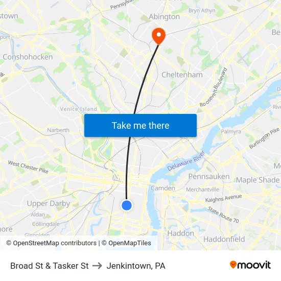 Broad St & Tasker St to Jenkintown, PA map
