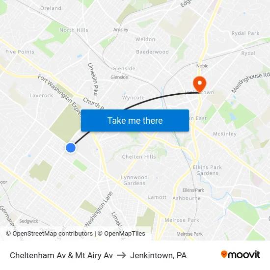 Cheltenham Av & Mt Airy Av to Jenkintown, PA map