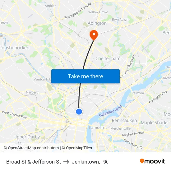 Broad St & Jefferson St to Jenkintown, PA map
