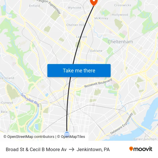 Broad St & Cecil B Moore Av to Jenkintown, PA map