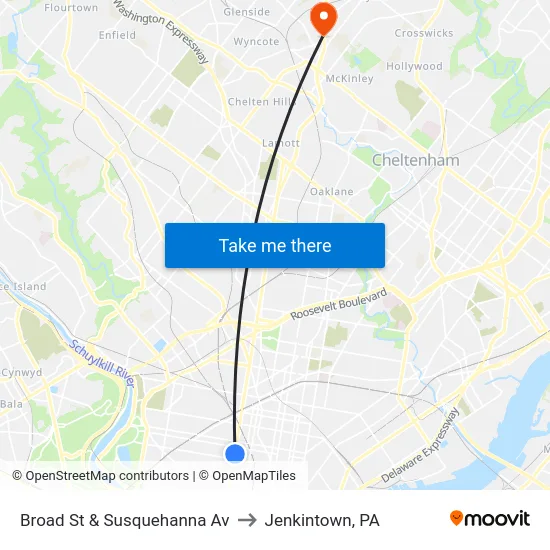 Broad St & Susquehanna Av to Jenkintown, PA map