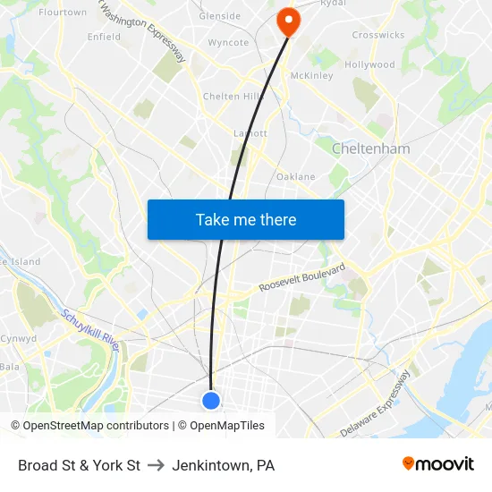 Broad St & York St to Jenkintown, PA map
