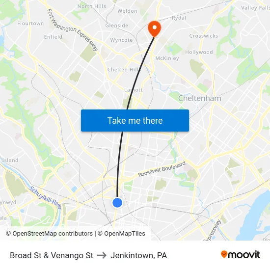 Broad St & Venango St to Jenkintown, PA map
