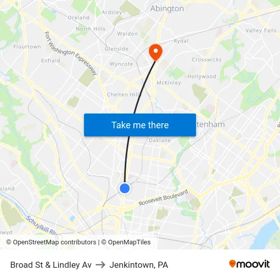 Broad St & Lindley Av to Jenkintown, PA map