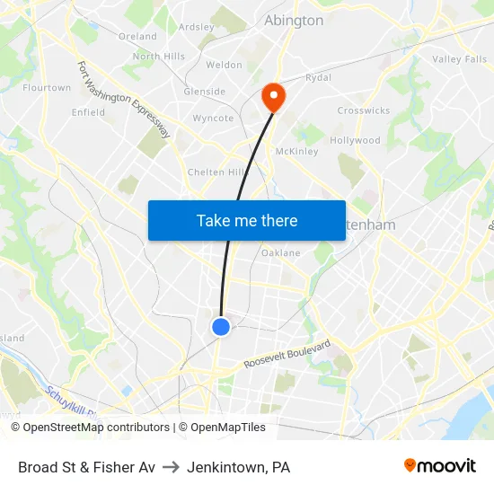 Broad St & Fisher Av to Jenkintown, PA map