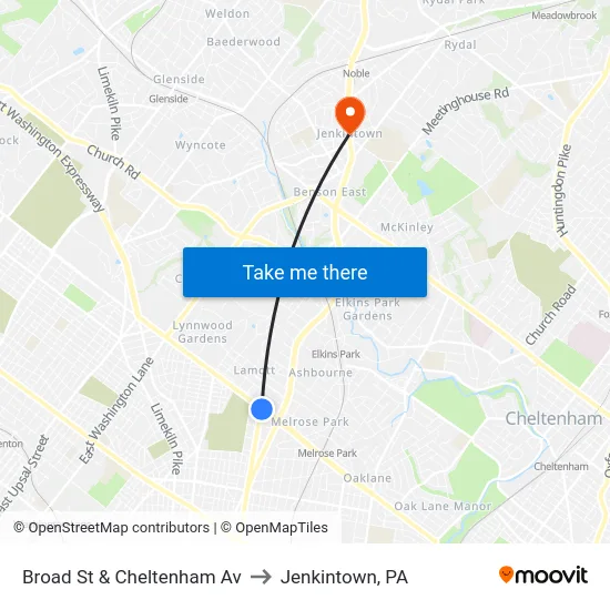 Broad St & Cheltenham Av to Jenkintown, PA map