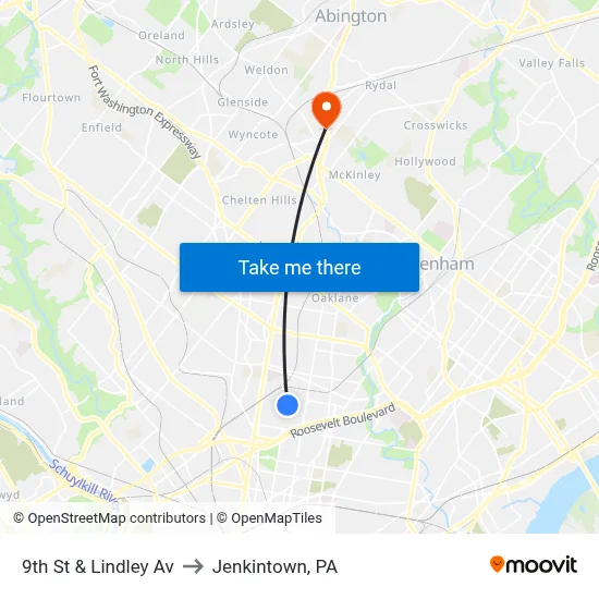 9th St & Lindley Av to Jenkintown, PA map
