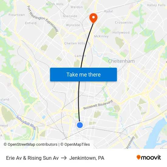 Erie Av & Rising Sun Av to Jenkintown, PA map