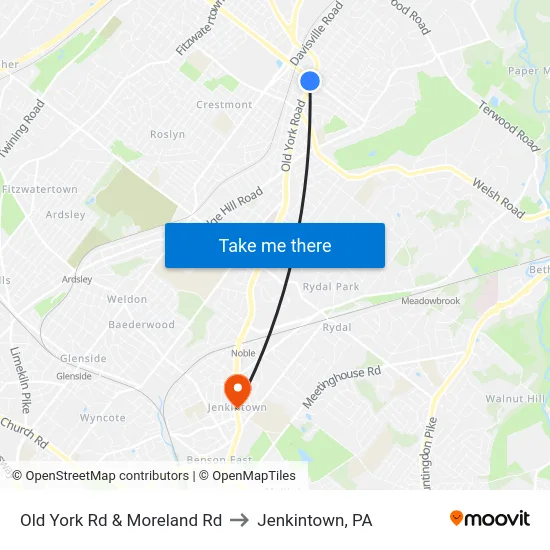 Old York Rd & Moreland Rd to Jenkintown, PA map