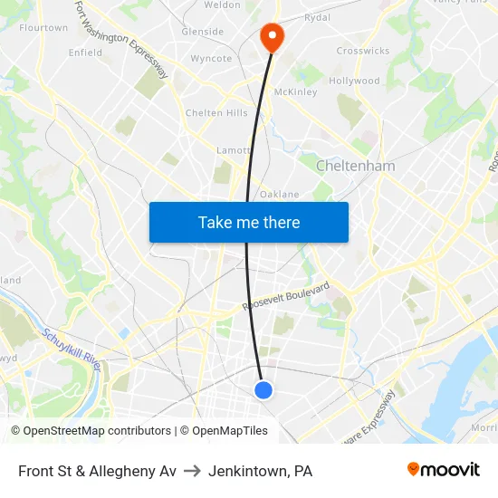 Front St & Allegheny Av to Jenkintown, PA map