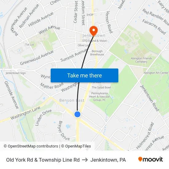 Old York Rd & Township Line Rd to Jenkintown, PA map