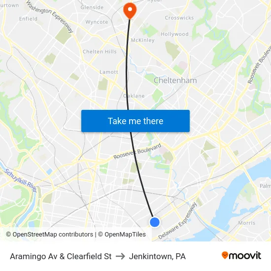 Aramingo Av & Clearfield St to Jenkintown, PA map